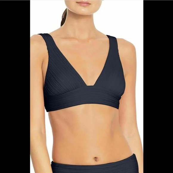 NEW $108 Robin Piccone Lily V-Neck Bikini‎ Top in Navy Blue [SZ Small ]